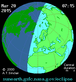 Animacija pomrčine Sunca 20. ožujka 2015. Pomični crni trag je putanja potpune pomrćine a sivkasti trag prikazuje vidljivost i pomicanje zone djelomične pomrčine u kojoj se nalazi i Hrvatska